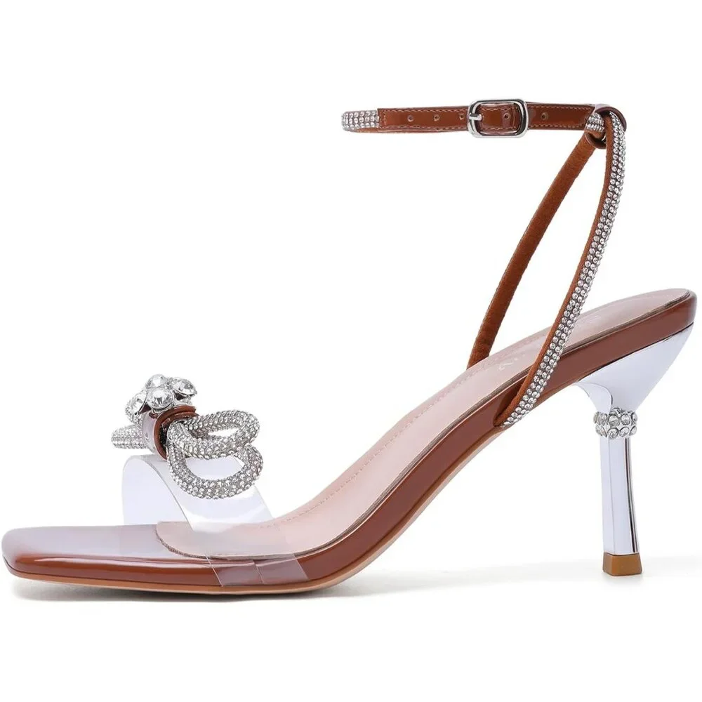 Women's Brown+bl Closed Toe Rhinestone Wedding Low Slingback Clear Kitten Heels - Picture 5 of 9